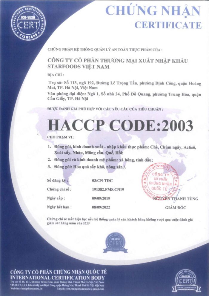 chứng nhận HACCP với các sản phẩm Starfoods Việt Nam