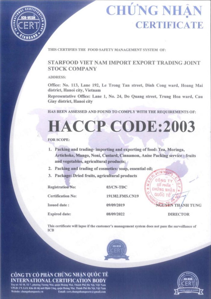 HACCP certificate for Starfoods Viet Nam